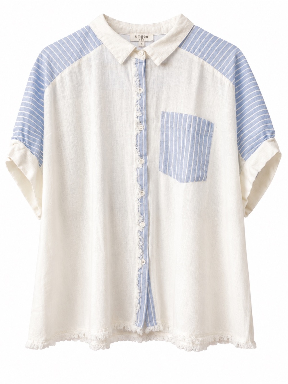 Umgee White Button-Up Shirt with Light Blue Striped Accents